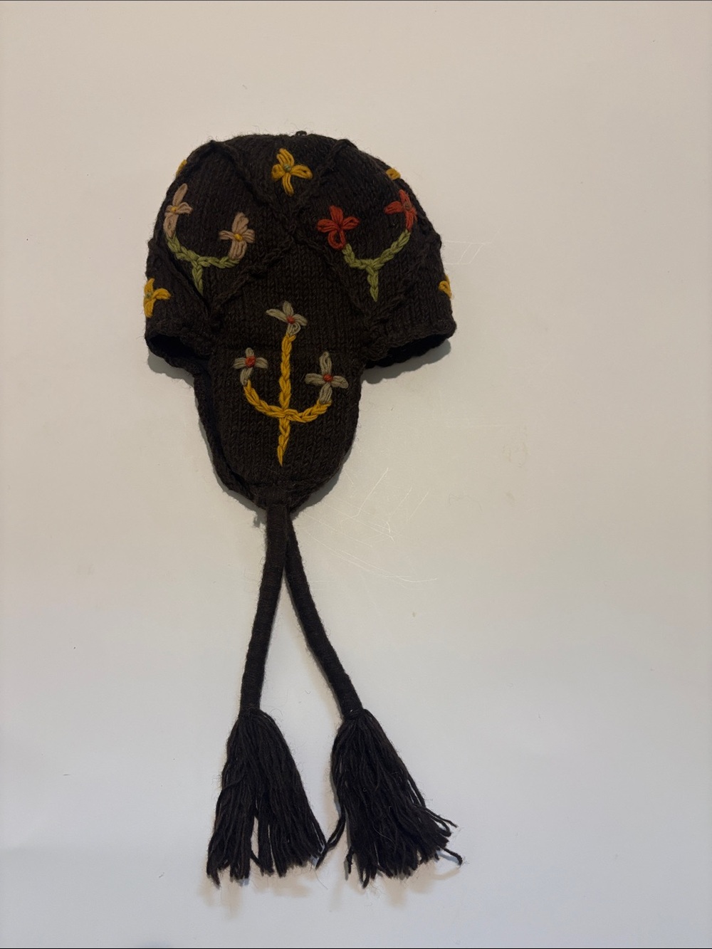Embroidered Wool Earflap Knit Hat - Brown with Floral Accents Hand made in Nepal
